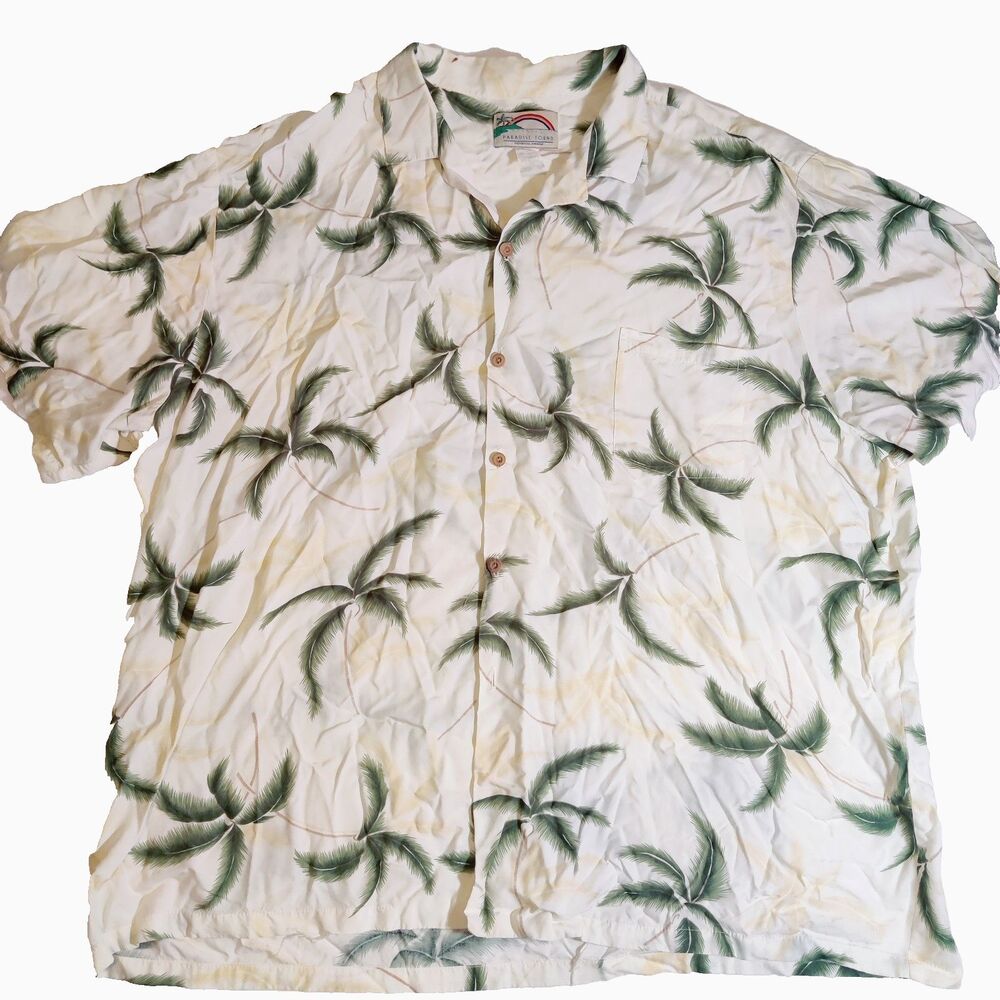 80's Paradise Found Hawaiian Shirt Mens 3XL Palm Trees Short Sleeve Button Rayon